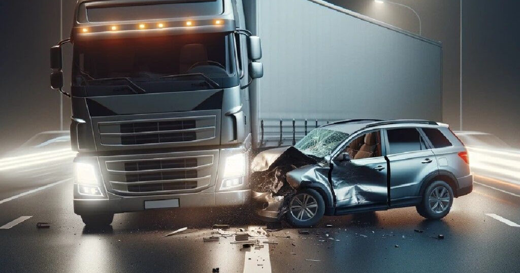 A semi truck and a car crash on a highway.